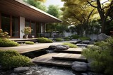 Fototapeta  - Concrete Stepping Stones: Tranquil Minimalist Zen Garden with Greenery Accents