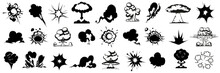 Explosions Cloud Collection In Black. Explosion, Burst Fire Effect Of Exploded Dynamite Or Nuclear Bombs Icons Collection