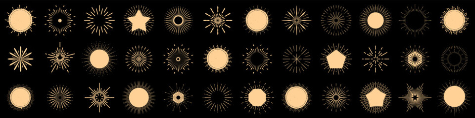 Poster - Bursting sun rays element collection. Set of sunburst icon, shine and burst line. Sunbeam vintage icons in golden