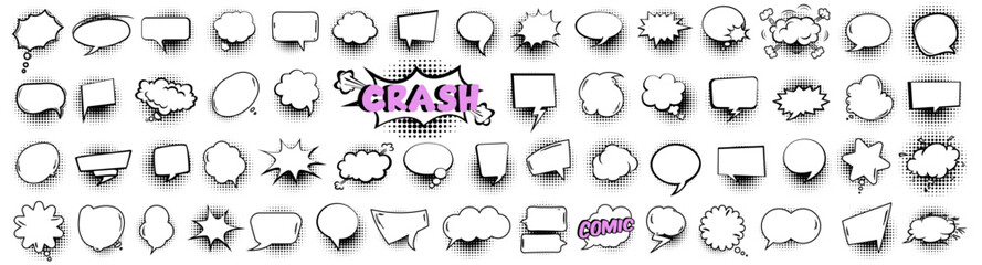 Poster - Cartoon comic speech bubble collection. Set of comic speech bubble with halftone. Cartoon cloud collection. Comic speech bubble frame