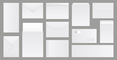 Poster - Blank post envelope collection. Set of realistic white envelopes template. Blank paper envelopes. Folded and unfolded white envelope collection