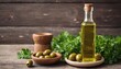 Olive Oil. Bottle of Virgin Olive Oil. Olives and Healthy Olive oil bottles and cup with parsley on old wooden table. Diet. Dieting concept. Healthy eating