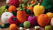 Various toy crochet vegetables on a dark wooden table. Amigurumi toy. Crochet stuffed animals.