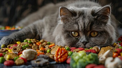 Unimpressed cat evaluating its food emphasizing the importance of engaging and nutritious options for pets