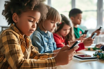 diverse multiethnic kids students using smartphones in classroom. multicultural children holding dev