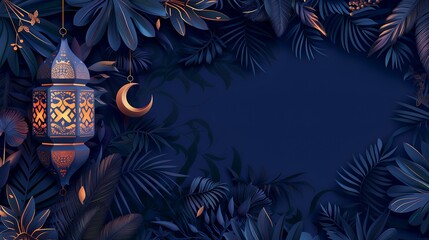 Wall Mural - Ramadan Kareem's background with lanterns, crescent moon, and tropical leaves.