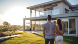 Fototapeta Perspektywa 3d - Young couple standing in front of their new luxury home on a sunny day. Back view of man and woman holding hands and standing in front of their new modern home. Real estate business concept.