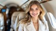 Smiling Woman in Private Jet Cabin