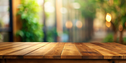 Empty wooden table in nature with bokeh background