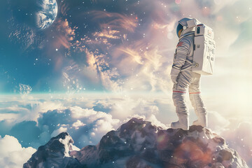 Wall Mural - Picture of astronaut spacewalking with Earth background. Portrait of astronaut in deep outer space