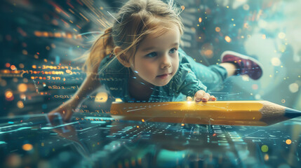 Child soaring high on a giant pencil surrounded by digital code embodying innovation in education