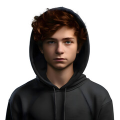 Wall Mural - Portrait of a handsome young man with red hair in a black hoodie on a white background