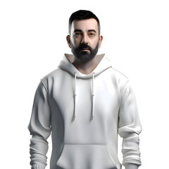 Wall Mural - Portrait of a bearded man in a white hoodie on a gray background