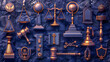 An array of law and justice symbols in monochromatic blue, representing legal order and structure.