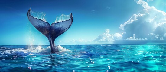 Wall Mural - Seascape with whale tail dripping with water on the surface of the sea or ocean, banner with copy space