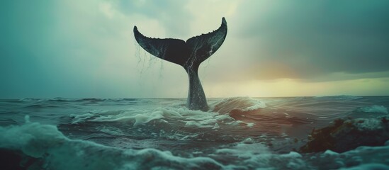 Seascape with whale tail dripping with water on the surface of the sea or ocean, banner with copy space