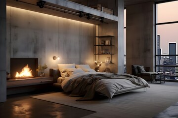 Wall Mural - Industrial-themed bedroom with concrete walls and metal accents.
