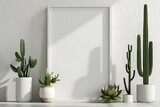 Fototapeta  - Rectangular vertical frame mockup in scandi style interior with green succulents and cactus on a floor and near empty neutral white wall background. 3d illustration, generative AI