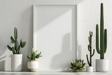 Rectangular Vertical Frame Mockup In Scandi Style Interior With Green Succulents And Cactus On A Floor And Near Empty Neutral White Wall Background. 3d Illustration, Generative AI