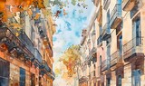 Fototapeta Uliczki - Barcelona streets with windows and houses and flowers in watercolor style