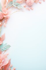 Poster - A serene blue background adorned with delicate pink flowers and lush green leaves, creating a harmonious and captivating visual composition