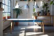 Room in Scandinavian style. Wooden table and ascetic interior design. Blue and white decor colors. Green plants and warm sunny atmosphere.