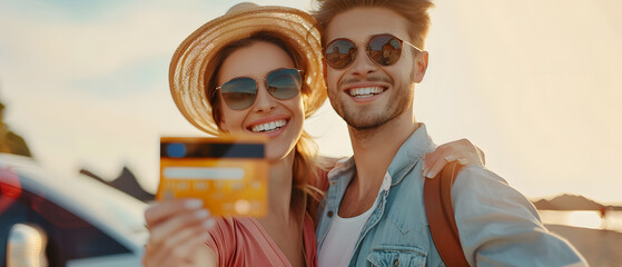 couple two man woman use credit card shopping online for travel