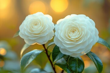 Wall Mural - Two white roses with lush green leaves basking in the warm sunlight, casting shadows on the ground