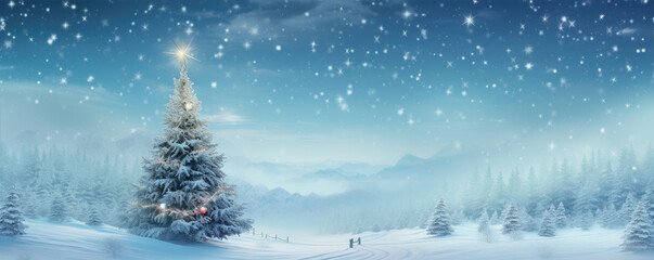 Wall Mural - Beautiful christmas tree in fairytale snowy landscape. Wallpaper and background.