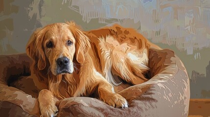 Sticker - a golden retriever dog on top of a doggy bed