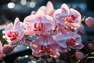 Poster - Delicate pink orchid flowers adorned with shimmering water droplets glisten in the sunlight, adding a touch of magic to natures beauty