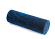 A blue black massage foam roller isolated on a white background. Close-up. Foam rolling is a self myofascial release technique. Concept of fitness equipment.
