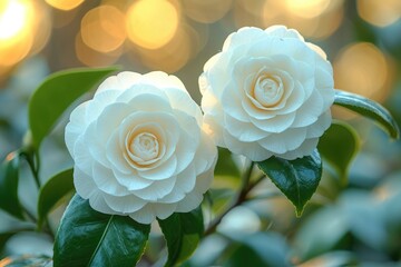 Wall Mural - Delicate white camellia flowers with vibrant green leaves elegantly sway on a branch, embodying the beauty of nature in full bloom