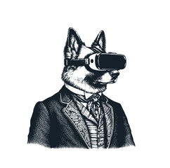 Sticker - The Dog using augmented reality headset and jacket suit. Black white vector illustration.