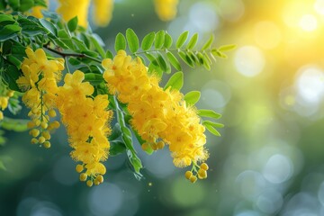 Canvas Print - A branch of a tree adorned with clusters of yellow flowers swaying gently in the breeze, soaking in the warm sunlight