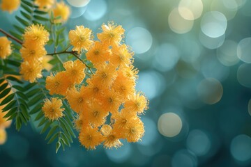 Poster - A branch of a tree adorned with vibrant yellow flowers, standing out against a blue sky backdrop on a sunny day