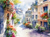 Fototapeta Uliczki - Paris streets with windows and houses and flowers in watercolor style