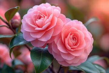 two delicate pink roses nestled on a bush, exuding a sense of elegance and romance