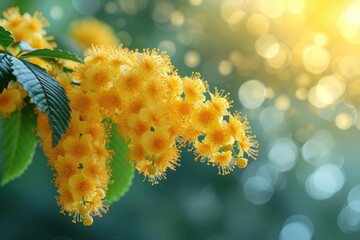 Sticker - A vibrant cluster of yellow flowers blooming on a tree, basking in the warm sunlight of the day