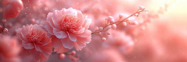 Poster - Pink spring flowers gracefully suspended in the air, creating a magical and dreamy atmosphere
