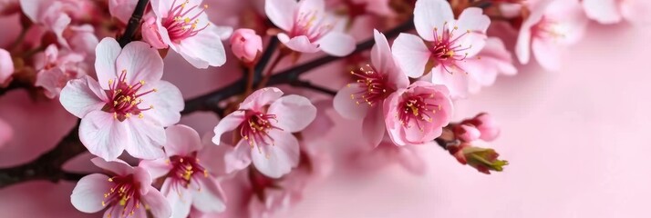 Poster - Panoramic pink flowers up close. Each delicate petal and intricate detail is showcased, creating a mesmerizing visual experience