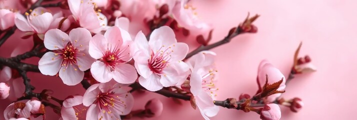 Poster - Delicate Pink Cherry Blossom Flowers on Soft Pink Background