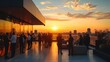 © Danyilo - Rooftop business event against urban sunset view. Corporate gathering with city skyline view.