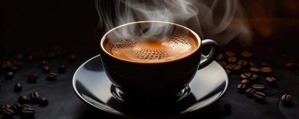 Wall Mural - A cup of hot espresso coffee with a steam.