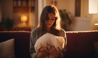 A woman holding a pillow. Sleepless night.