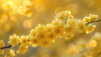 Poster - A vibrant close-up of a branch adorned with clusters of yellow flowers, radiating a sense of warmth and life