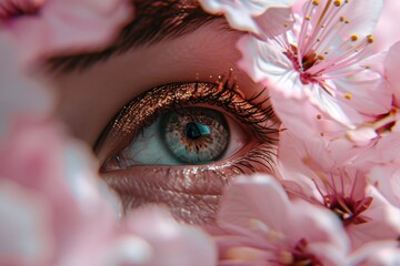 Poster - intricate patterns of a persons eye with vibrant and colorful flowers blooming in the background, creating a dreamy and enchanting atmosphere