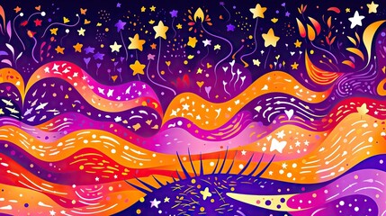 Poster - A magical shimmering purple, orange, and yellow , surrounded by a whimsical and colorful fantasy landscape