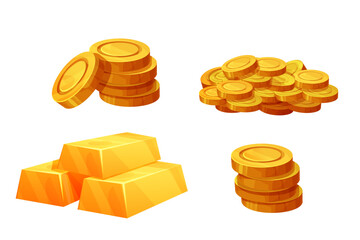 Set gold coins, stack of golden bricks, shiny treasure game asset isolated on white background