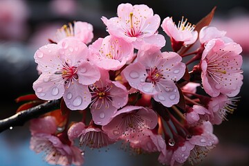 Poster - A vibrant cluster of pink flowers adorned with shimmering droplets of water, creating a stunning and refreshing display of natures beauty